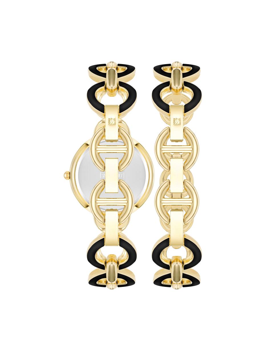 Black / Gold Anne Klein Boyfriend Circular Link Bracelet Watch Sets | NZQCS86082