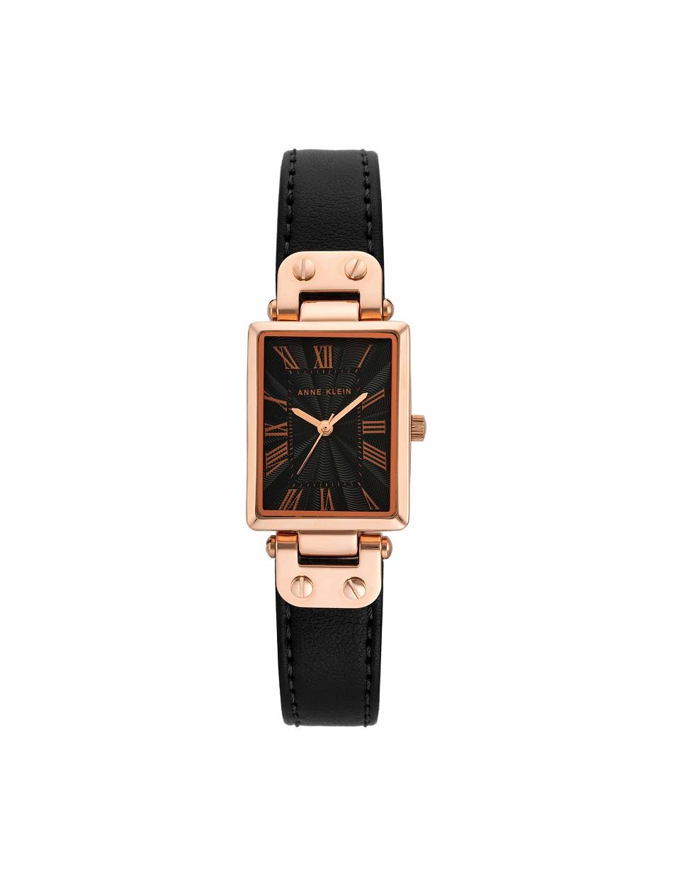 Black / Rose / Gold Anne Klein Case Leather Strap Watch Rectangular | NZCVG34869