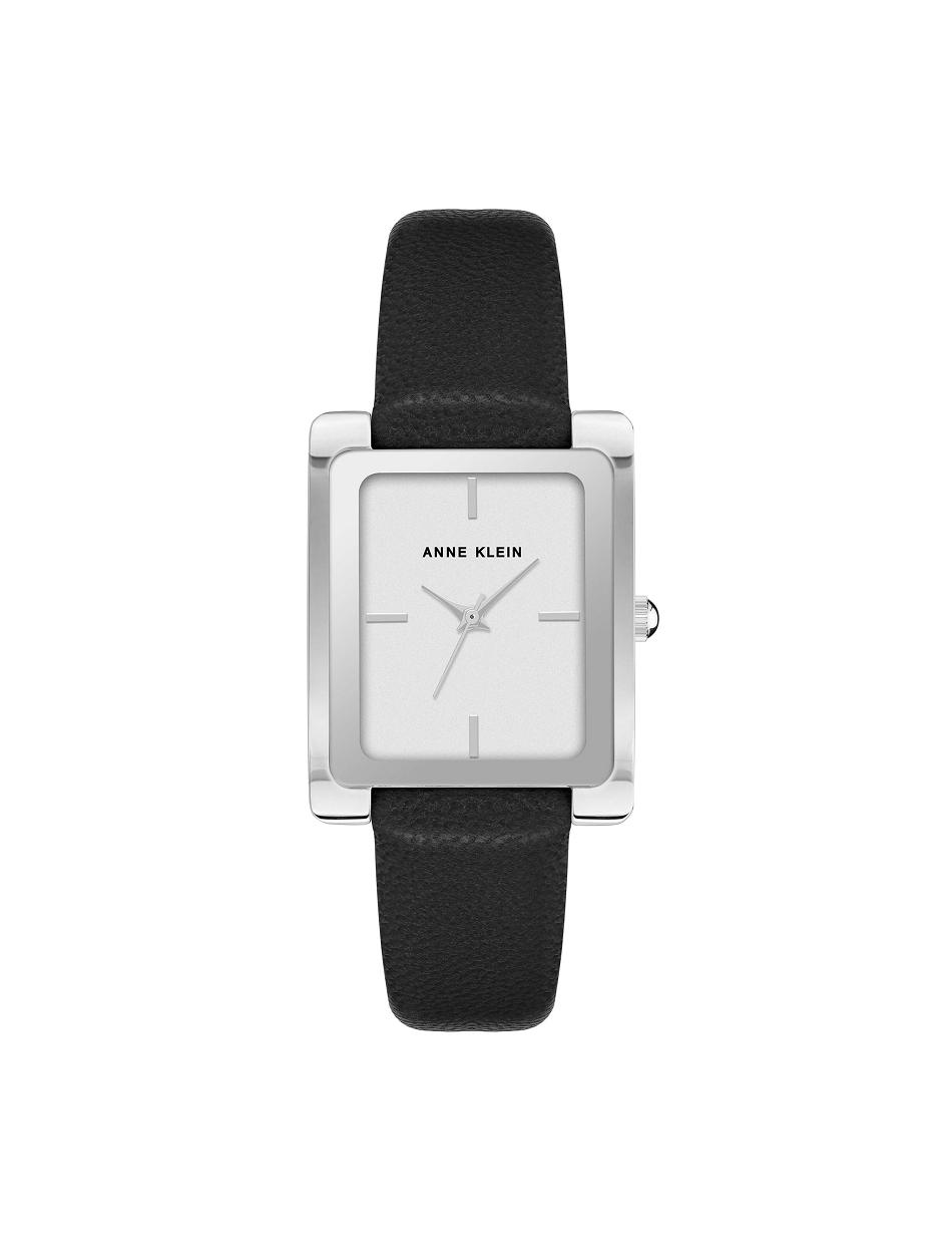 Black / Silver Anne Klein Case Leather Band Watch Rectangular | ZNZNQ79700