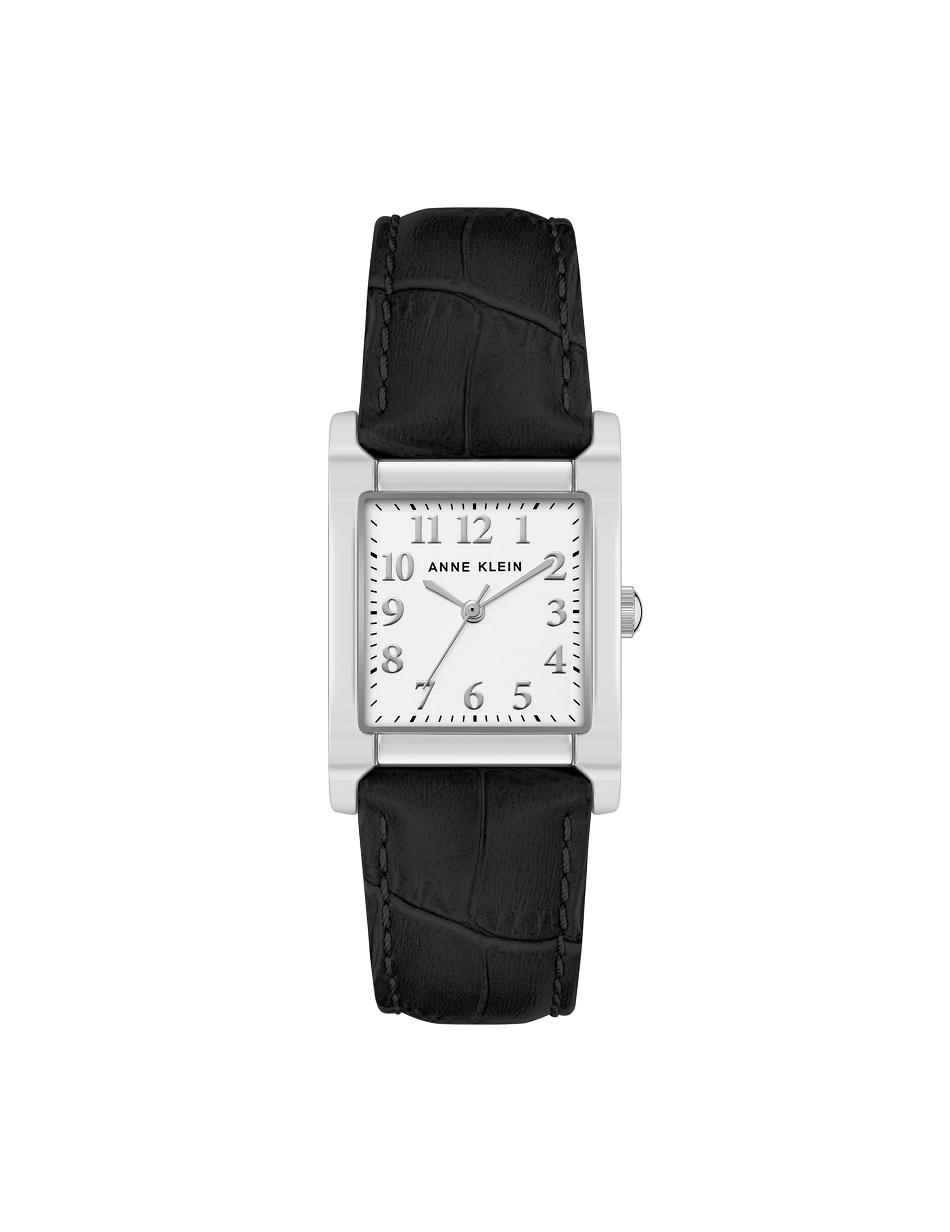 Black / Silver Anne Klein Square Case Leather Strap Watch Metals | NZJKU48861