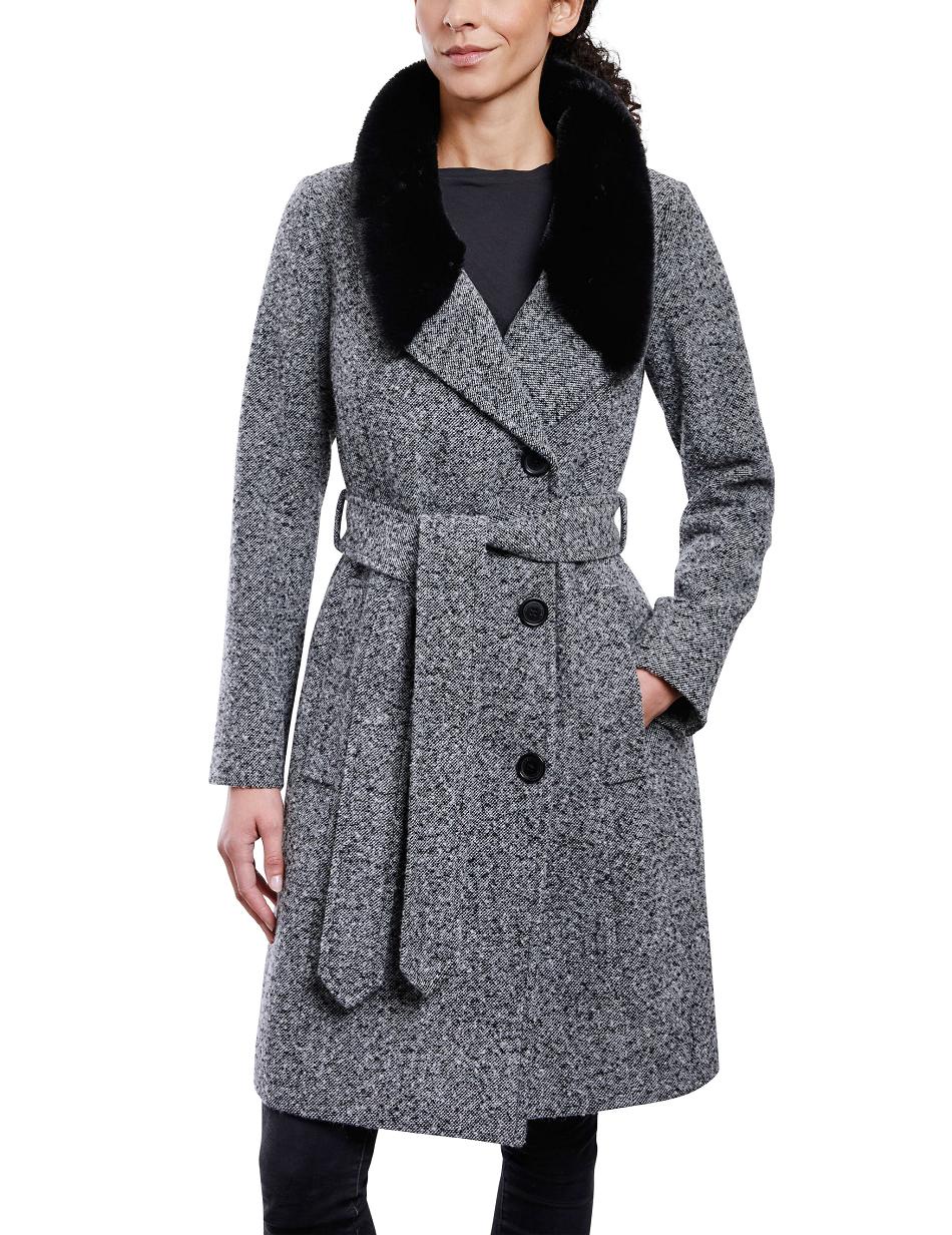 Black / White Anne Klein Belted Wrap Wool Coat With Fur Collar Outerwear | NZCIF79317