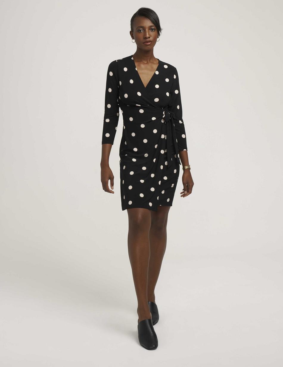 Black / White Anne Klein Dot Print Faux Wrap Dress | DNZKV94034