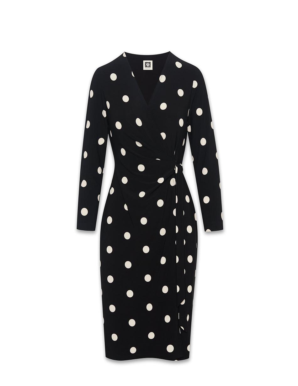 Black / White Anne Klein Dot Print Faux Wrap Dress | DNZKV94034