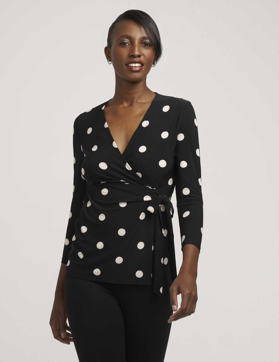 Black / White Anne Klein Petite Printed Faux Wrap Top Tops | NZXMI51869