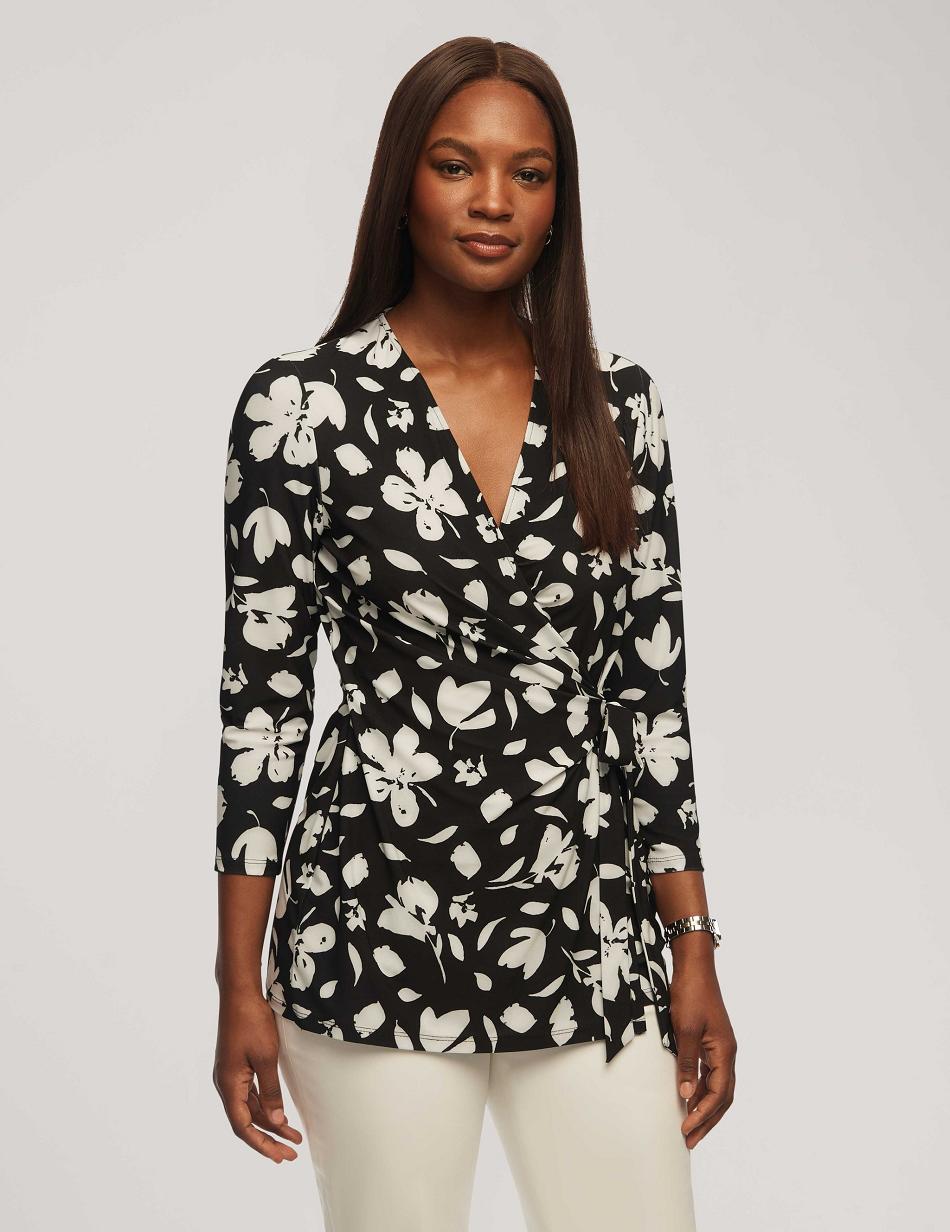 Black / White Anne Klein Printed 3/4 Sleeve Wrap Top Tops | MNZHR72771