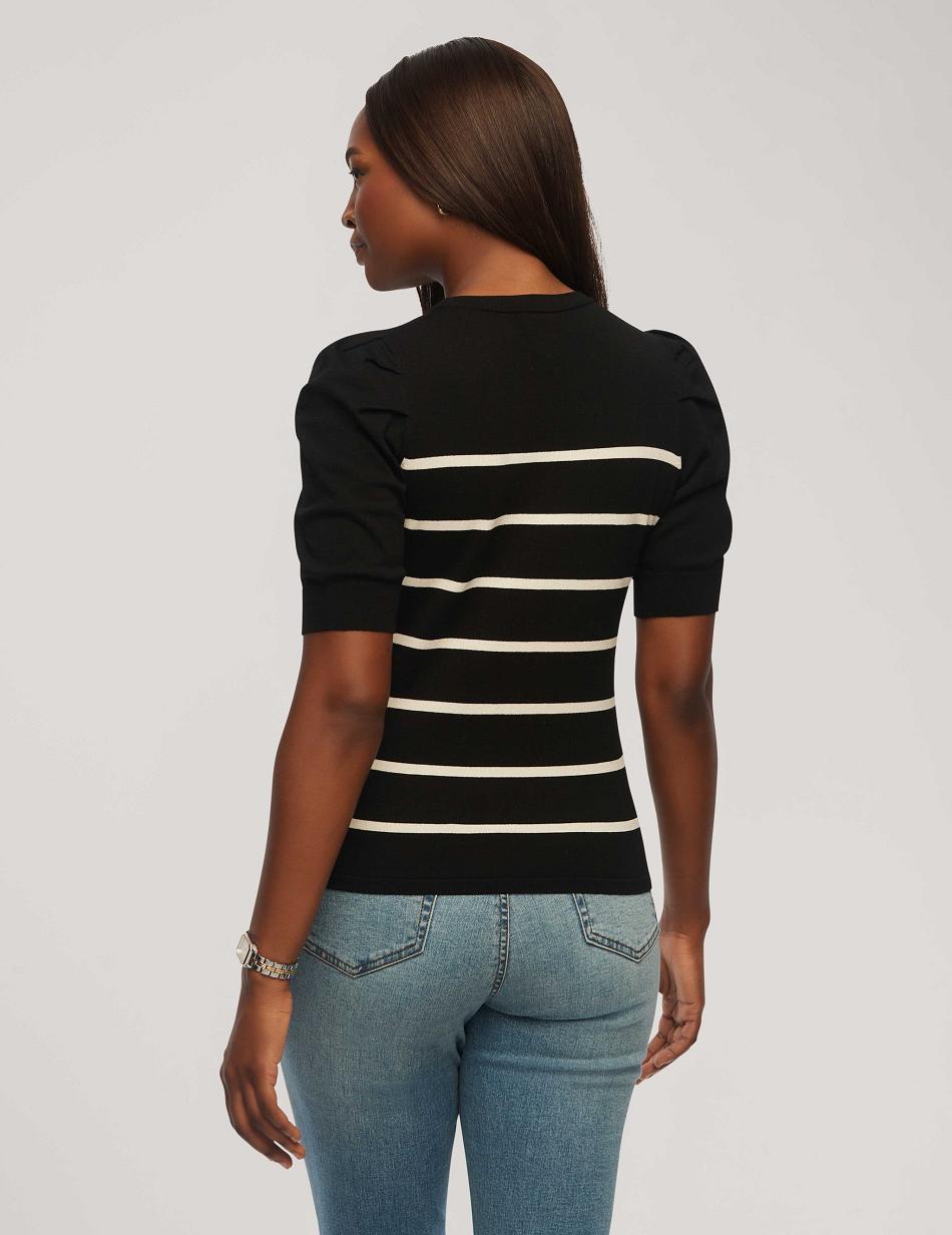 Black / White Anne Klein Short Puff Sleeve Crew Neck With Stripes Tops | NZZPD71510