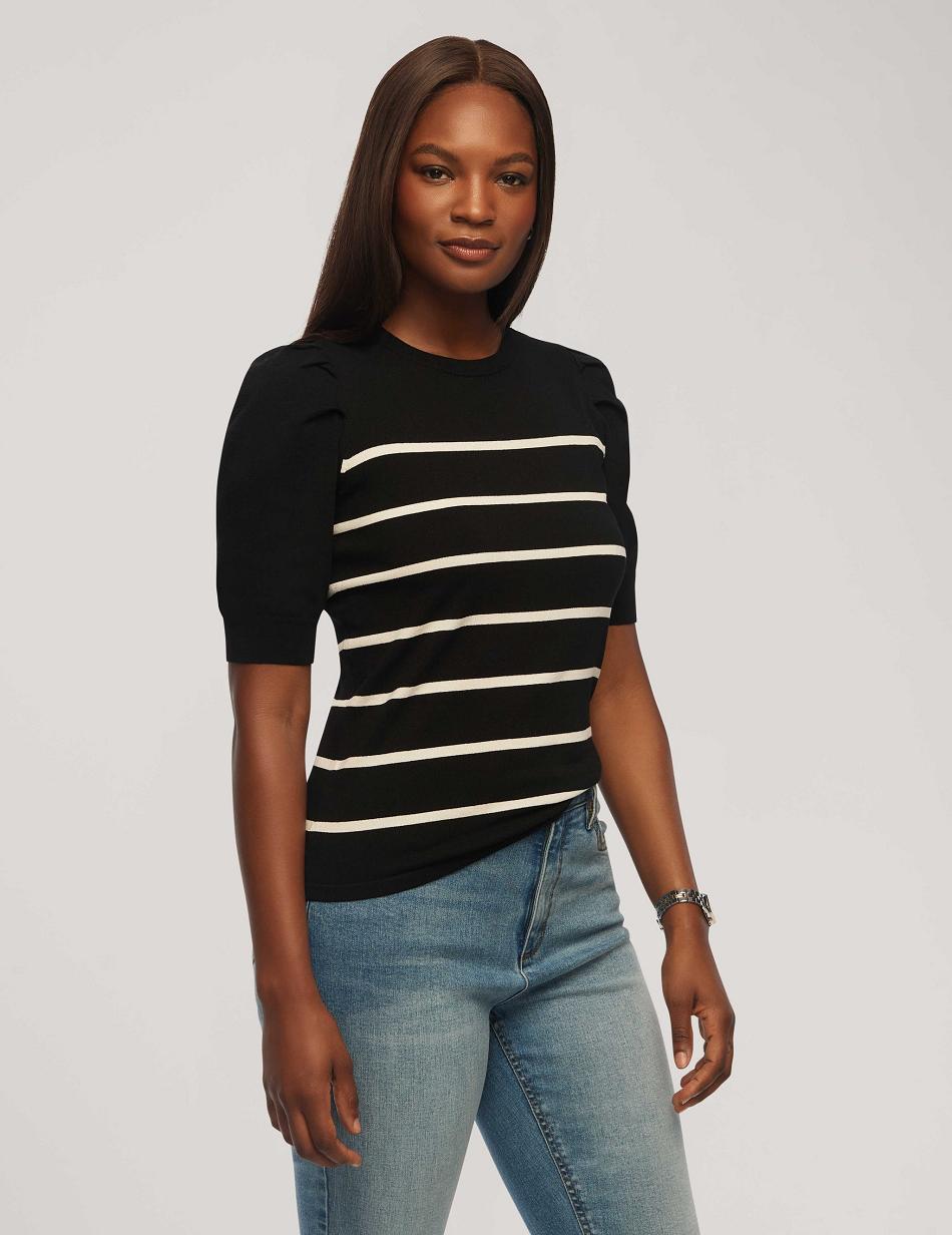 Black / White Anne Klein Short Puff Sleeve Crew Neck With Stripes Tops | NZZPD71510