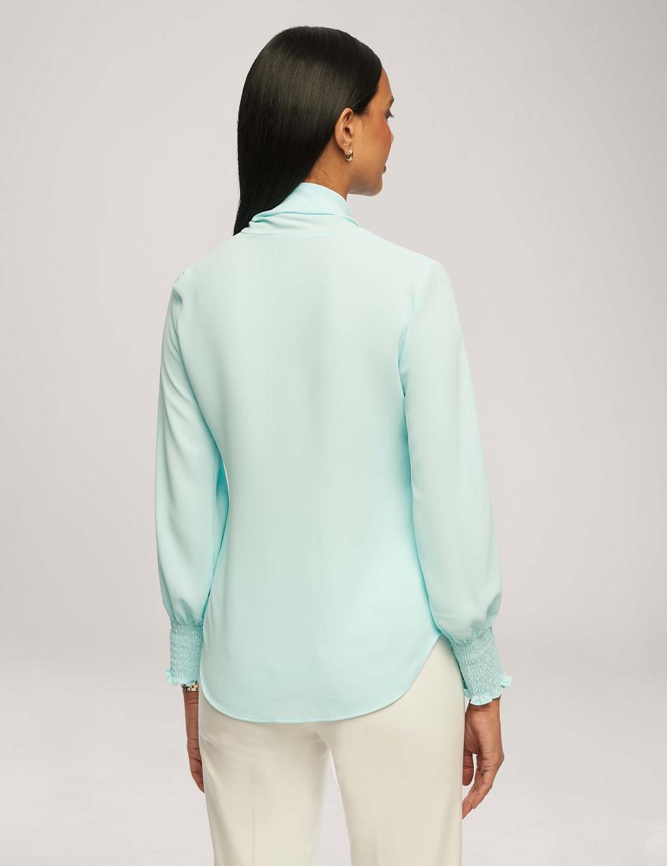 Blue Anne Klein Smocked Cuff Bow Blouse Tops | TNZPQ38594