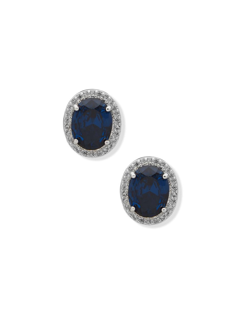 Blue / Silver Anne Klein Oval Halo Button Sapphire Pierced Earrings | UNZTG68139