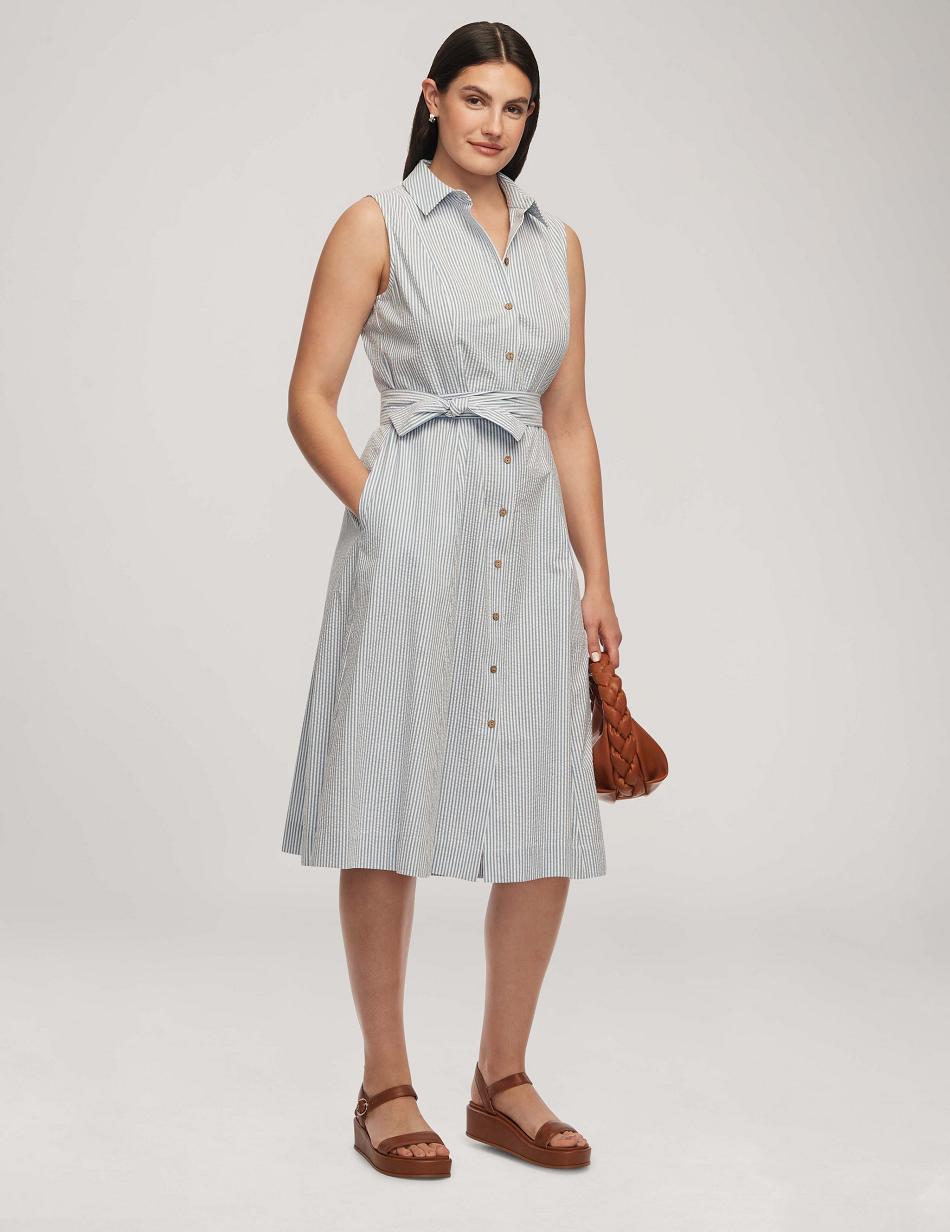 Blue / White Anne Klein Seersucker Sleeveless Shirt Dress | NZEAH40169