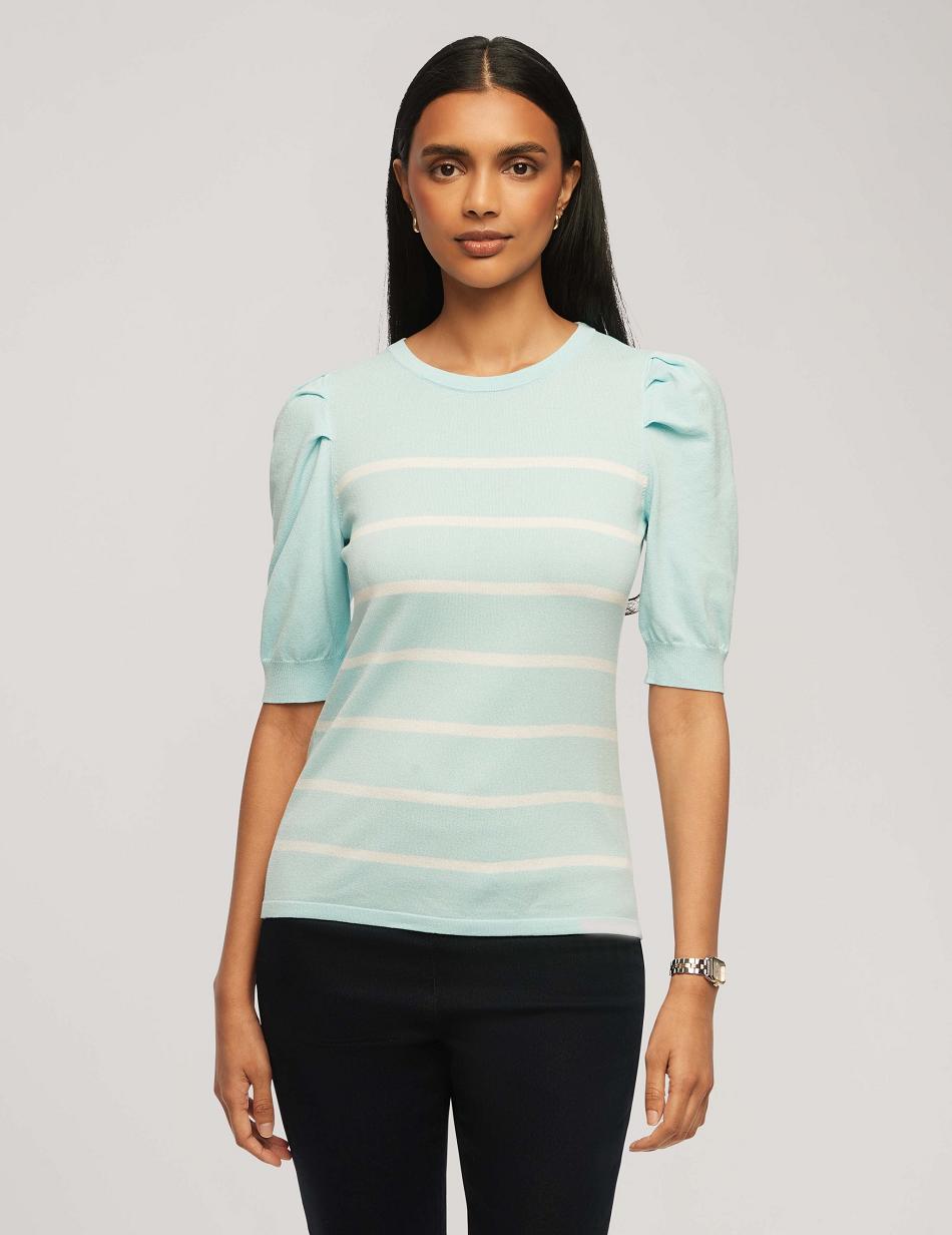 Blue / White Anne Klein Short Puff Sleeve Crew Neck With Stripes Tops | ENZHC29861