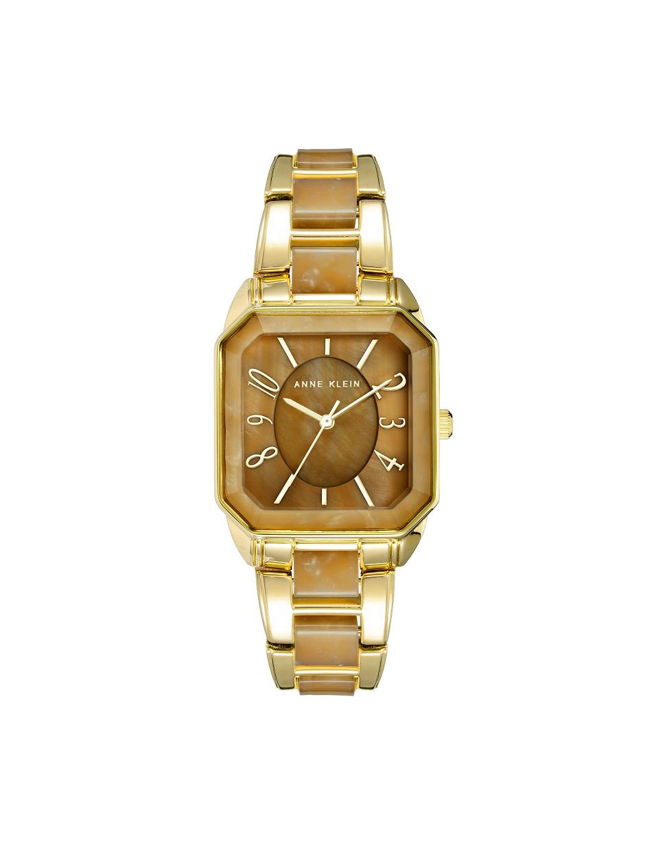 Brown / Gold Anne Klein Square Case Resin Link Bracelet Watch Metals | TNZWZ90502