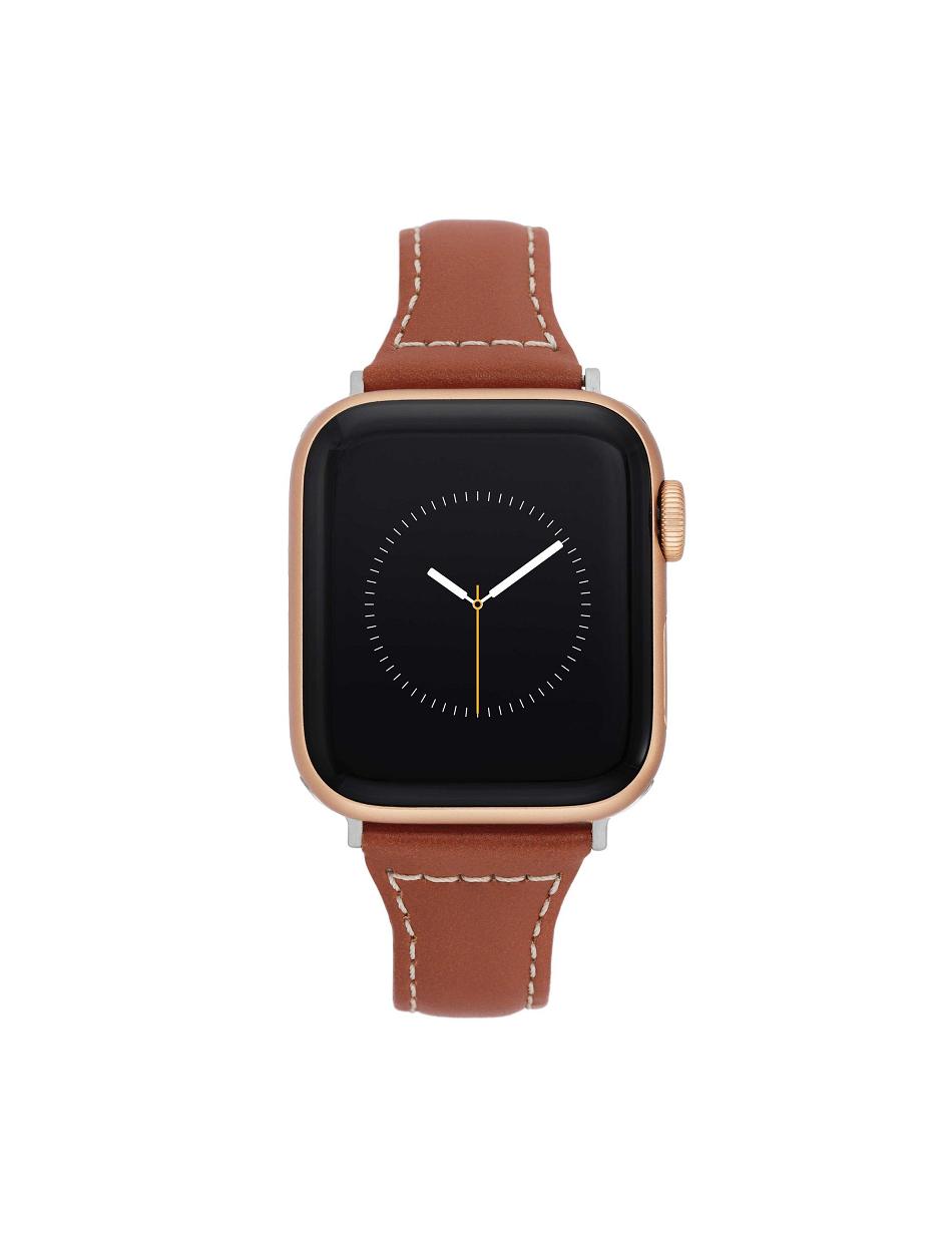 Brown / Silver Anne Klein Stitched Leather Band Apple Watch Accessories | NZXMI94377