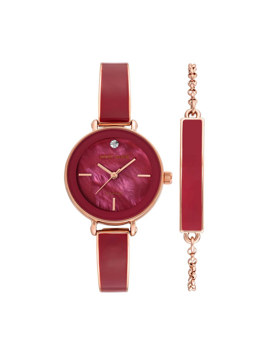 Burgundy / Rose / Gold Anne Klein Bangle Watch With Bracelet Set Diamond | ANZDF11810