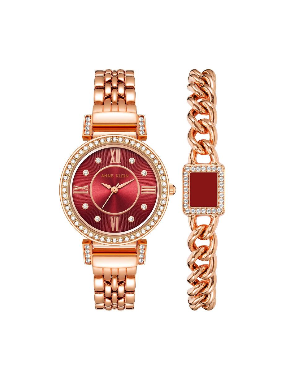 Burgundy / Rose / Gold Anne Klein Premium Crystal Watch and Bracelet Sets | LNZTR99839