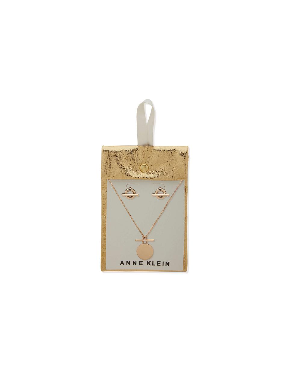 Gold Anne Klein Coin Pendant Necklace and Earring Set in Pouch Earrings | NZJKU64777