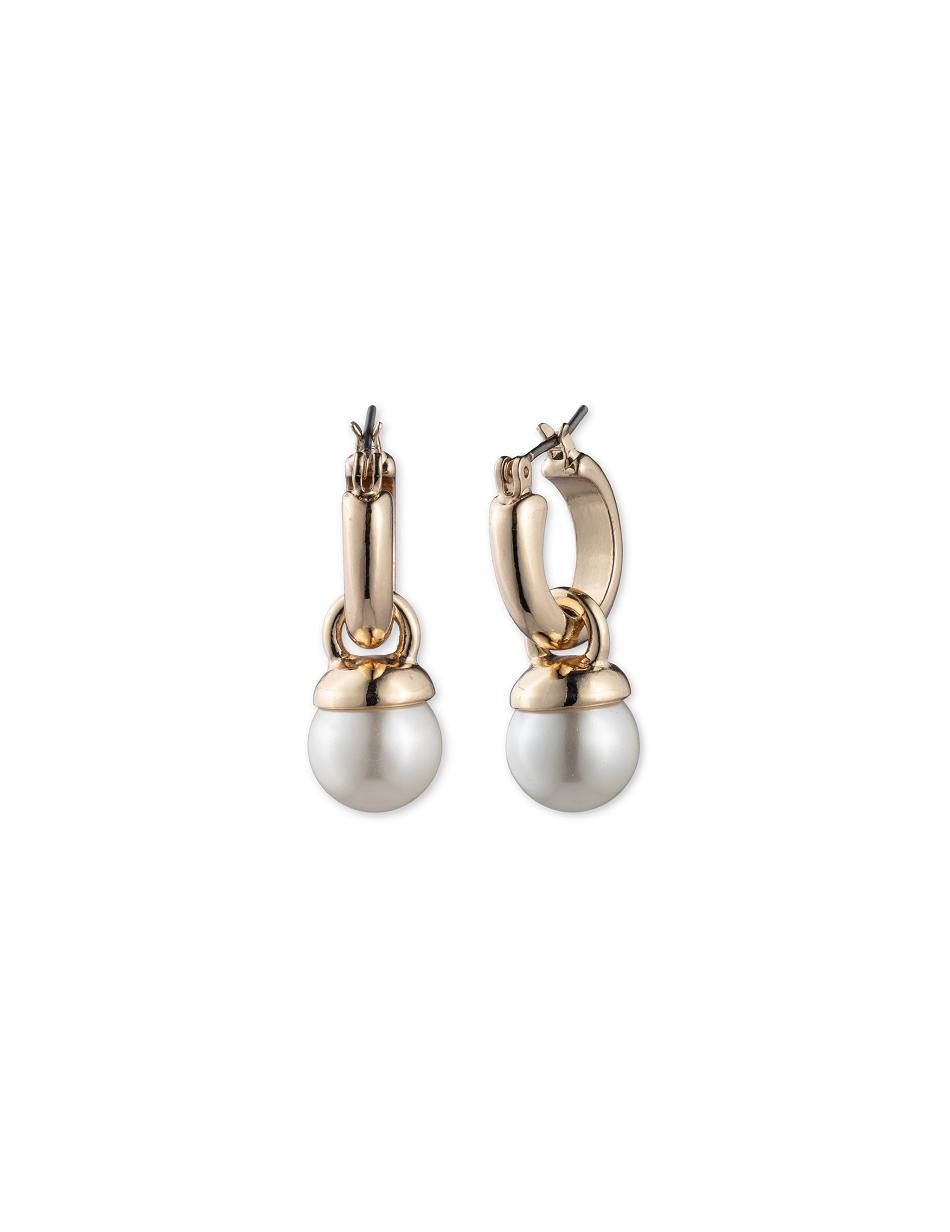 Gold Anne Klein Gold-Tone Blanc Faux Pearl Drop Hoop Pierced Earrings | NZZDE14643