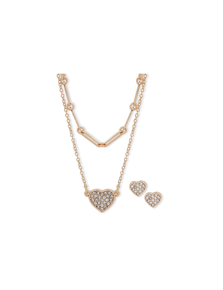 Gold Anne Klein Heart Pendant Earring Pouch Set Necklace | NZEAH26708