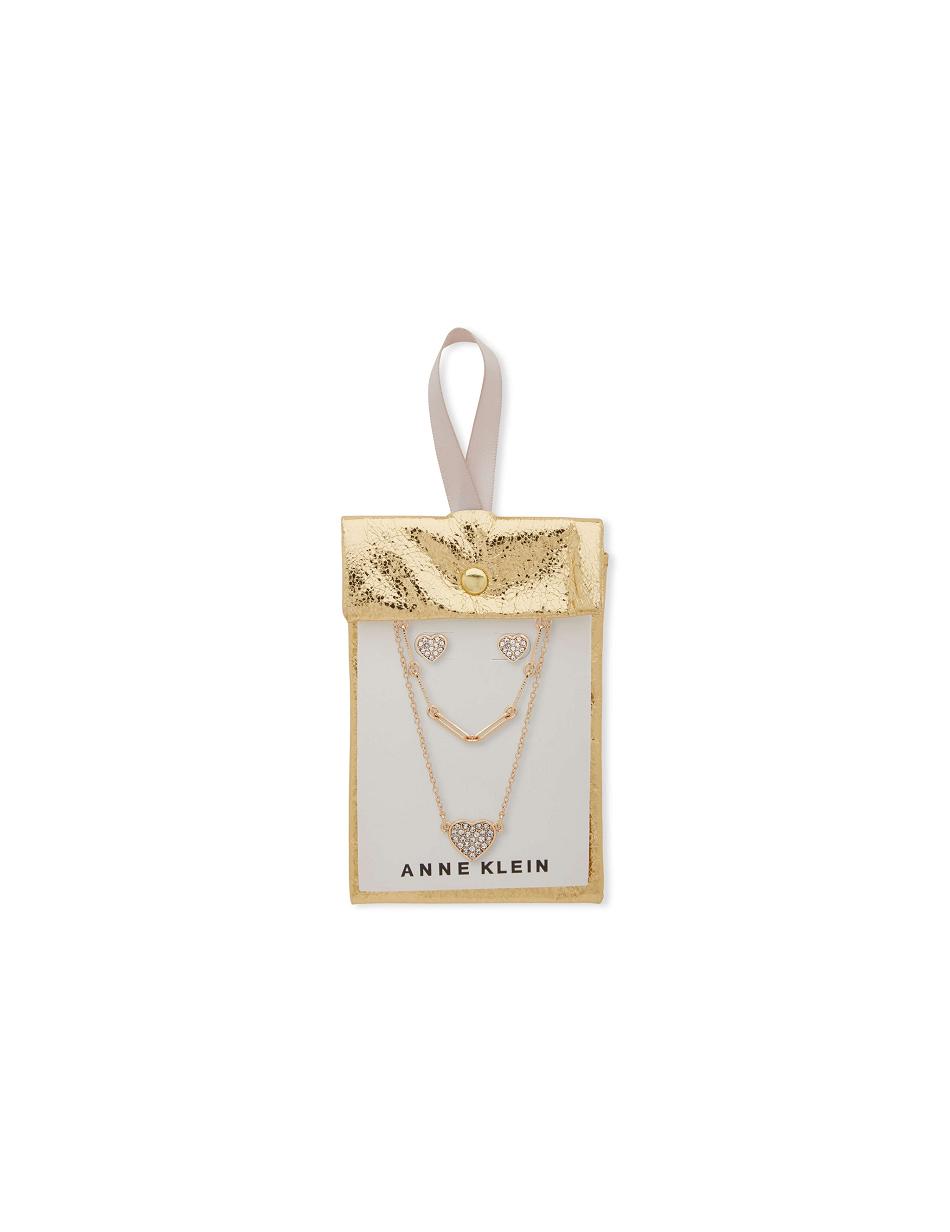 Gold Anne Klein Heart Pendant Necklace and Earring Pouch Set Earrings | NZJKU51206