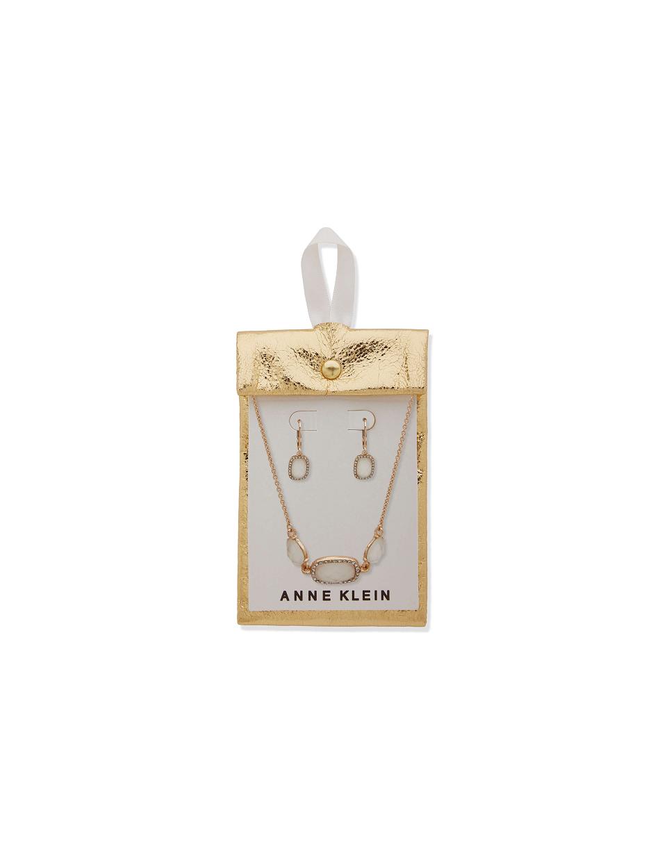 Gold Anne Klein Mother of Pearl Necklace and Earring Set in Pouch Earrings | NZEAH32422