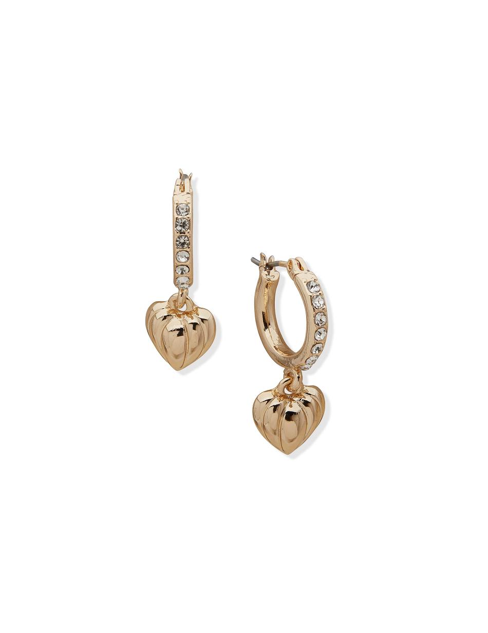 Gold Anne Klein Pave Hoop with Heart Drop Pierced Earrings | NZICD33244