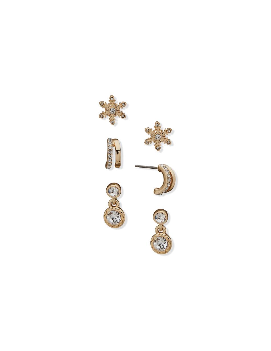 Gold Anne Klein Snowflake Drop and C Hoop Pierced Earring Trio in Gift Box Jewelry Sets | ZNZNQ27971