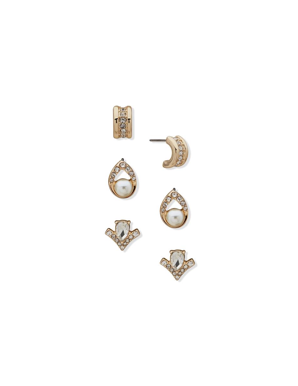 Gold Anne Klein Stud Button and C Hoop Pierced Earring Trio in Gift Box Jewelry Sets | GNZUC75320