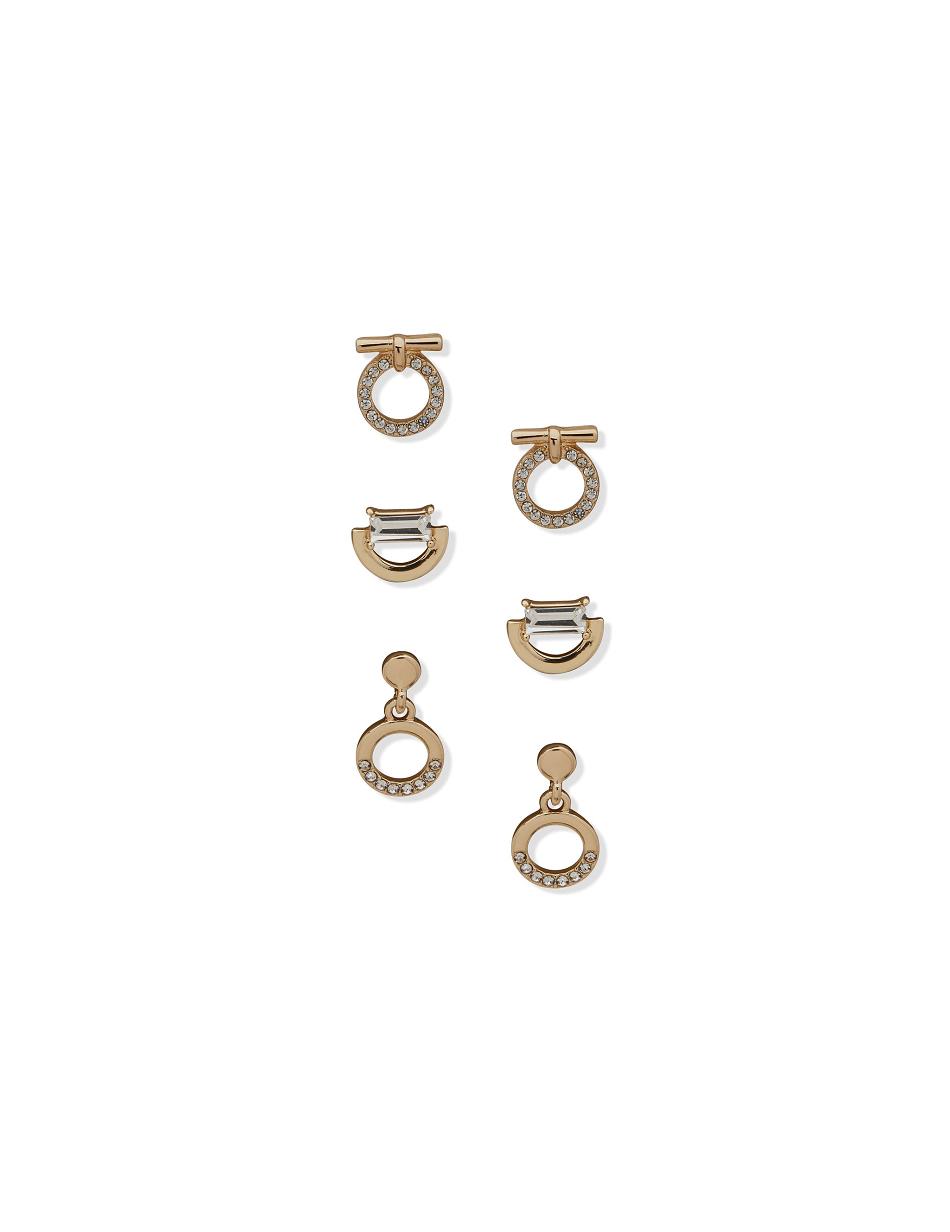 Gold Anne Klein Stud Drop and Circle Pave Pierced Earring Trio in Gift Box Jewelry Sets | LNZTR88669