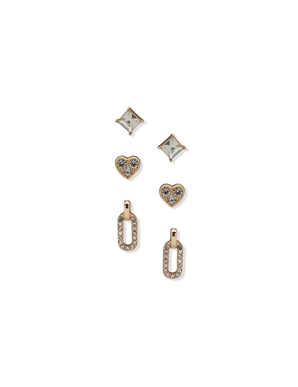 Gold Anne Klein Stud Heart and Link Drop Pierced Earring Trio in Gift Box Jewelry Sets | NZQCS51016