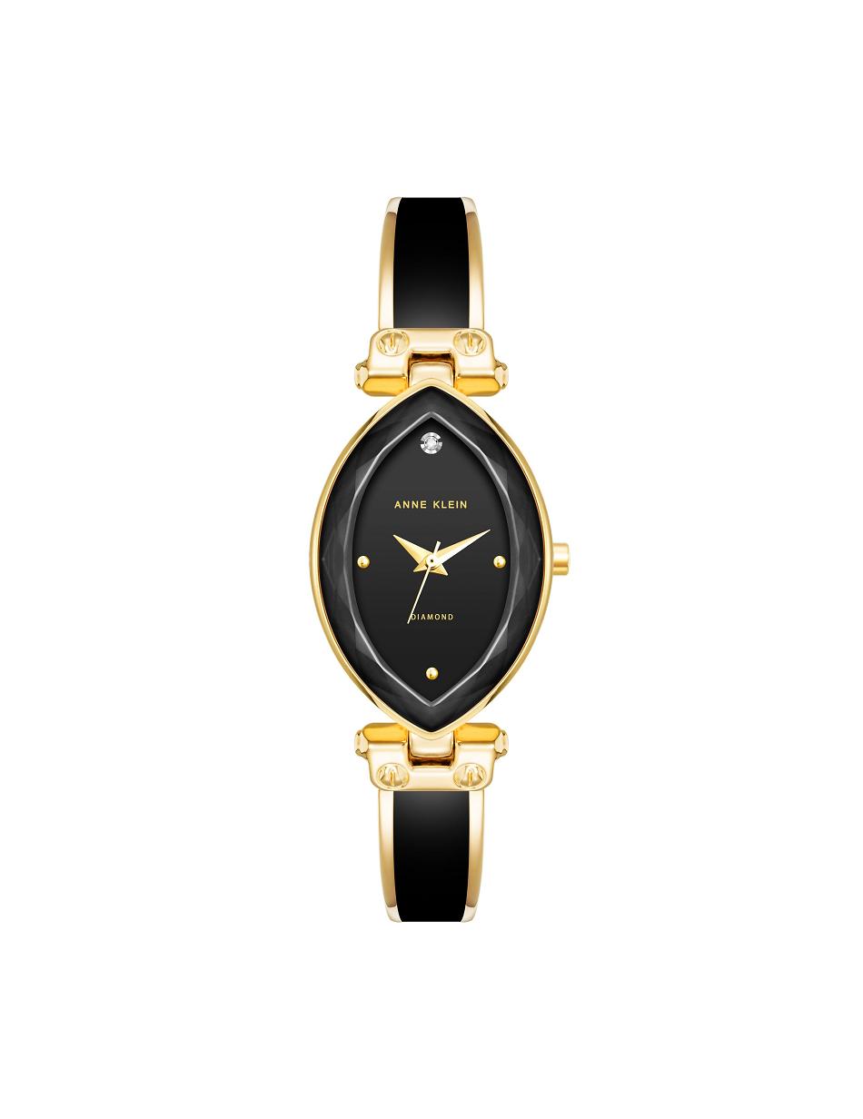 Gold / Black Anne Klein Accented Oval Bangle Watch Diamond | NZIIZ22641