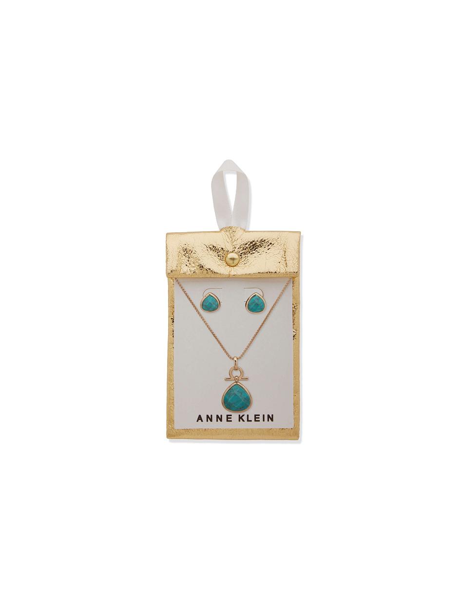 Gold / Blue Anne Klein Tear Drop Pendant Necklace and Earring Set in Pouch Jewelry Sets | DNZVO24216