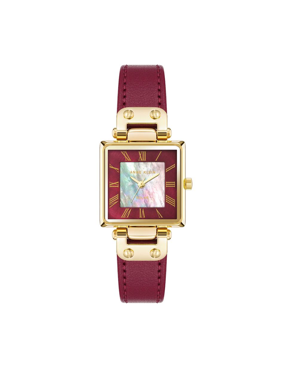 Gold / Burgundy Anne Klein Solar Square Leather Strap Watch Considered | NZJVR87505