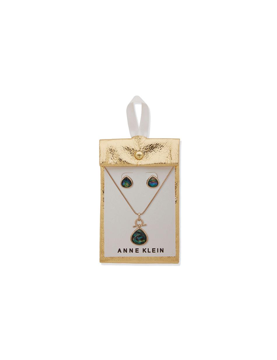 Gold / Green Anne Klein Tear Drop Pendant Necklace and Earring Set in Pouch Jewelry Sets | NZXMI37650