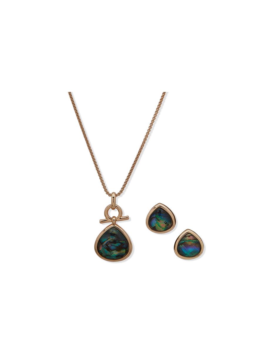 Gold / Green Anne Klein Tear Drop Pendant Necklace and Earring Set in Pouch Jewelry Sets | NZXMI37650