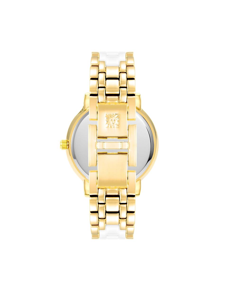 Gold / White Anne Klein Crystal Accented Link Watch Ceramics | TNZWZ66598