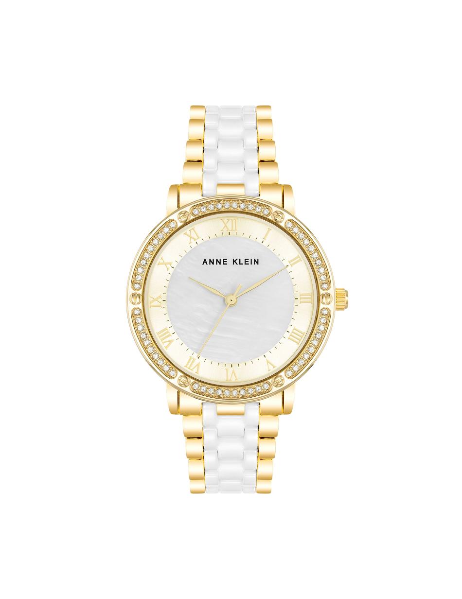 Gold / White Anne Klein Crystal Accented Link Watch Ceramics | TNZWZ66598