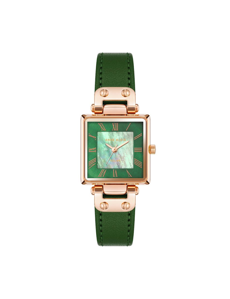 Green / Rose / Gold Anne Klein Considered Solar Square Leather Strap Watch Rectangular | NZDYB46649