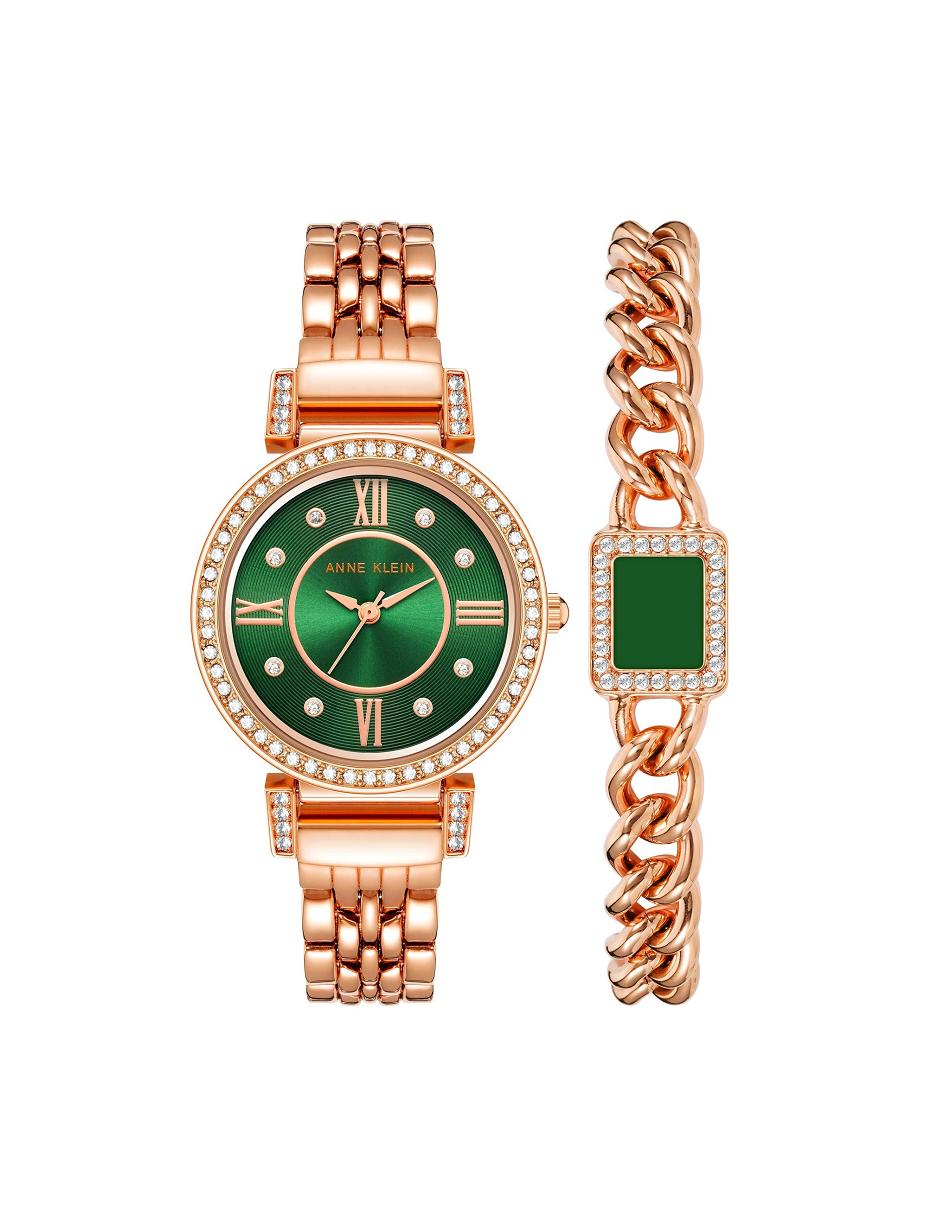 Green / Rose / Gold Anne Klein Premium Crystal Watch and Bracelet Sets | QNZUV94143