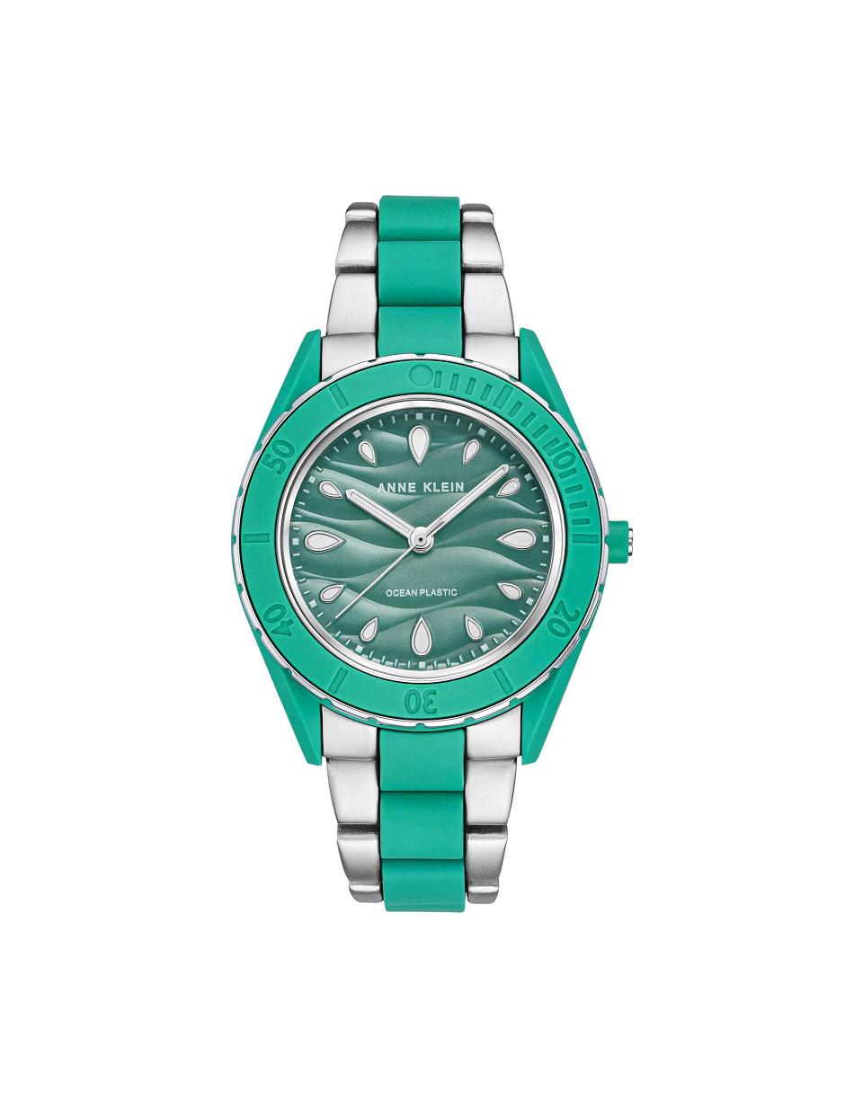 Green / Silver Anne Klein Considered Solar Recycled Bracelet Ocean Plastic Watches | SNZNY25332