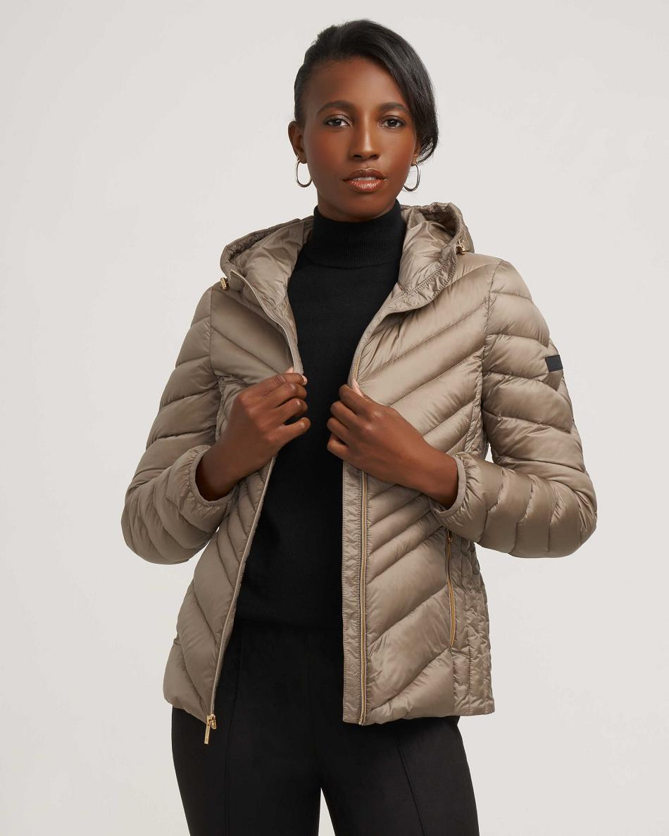 Grey Brown Anne Klein Chevron Packable Puffer Jacket Outerwear | NZNEJ34480