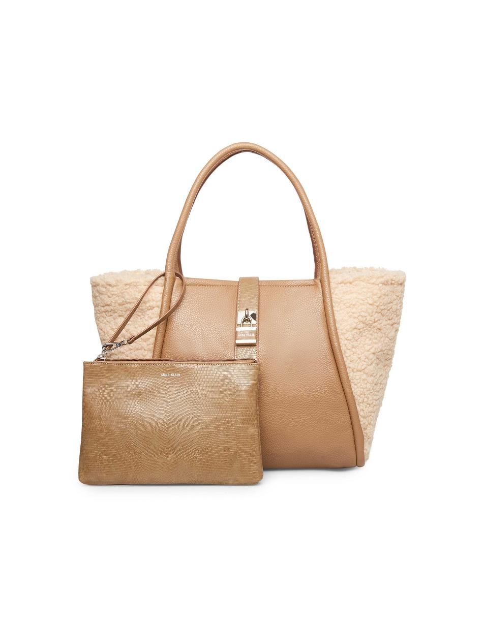 Khaki Anne Klein Mixed Media Sherpa Lock Tote Bags | NZXMI52948