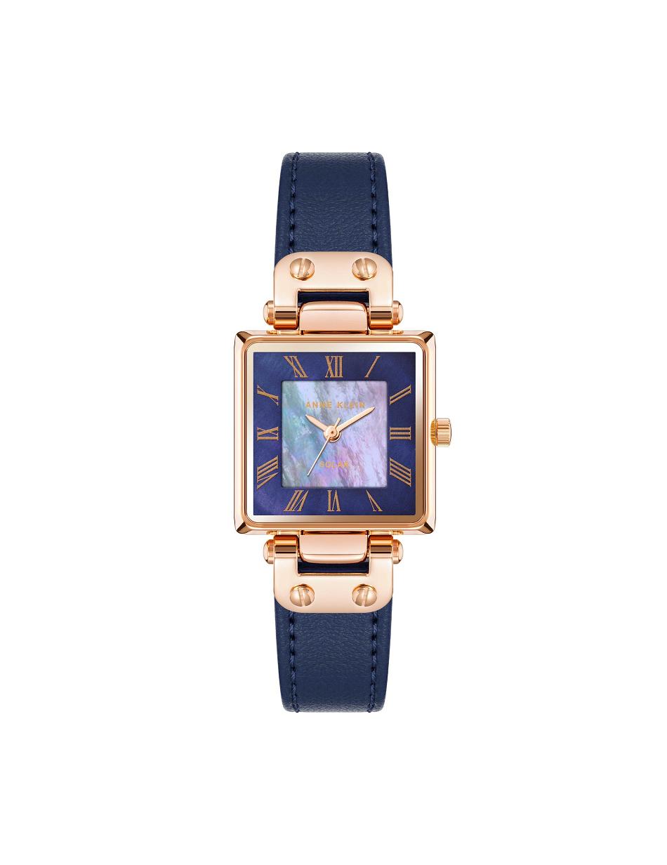 Navy / Rose / Gold Anne Klein Considered Solar Square Leather Strap Watch Rectangular | TNZWZ41318