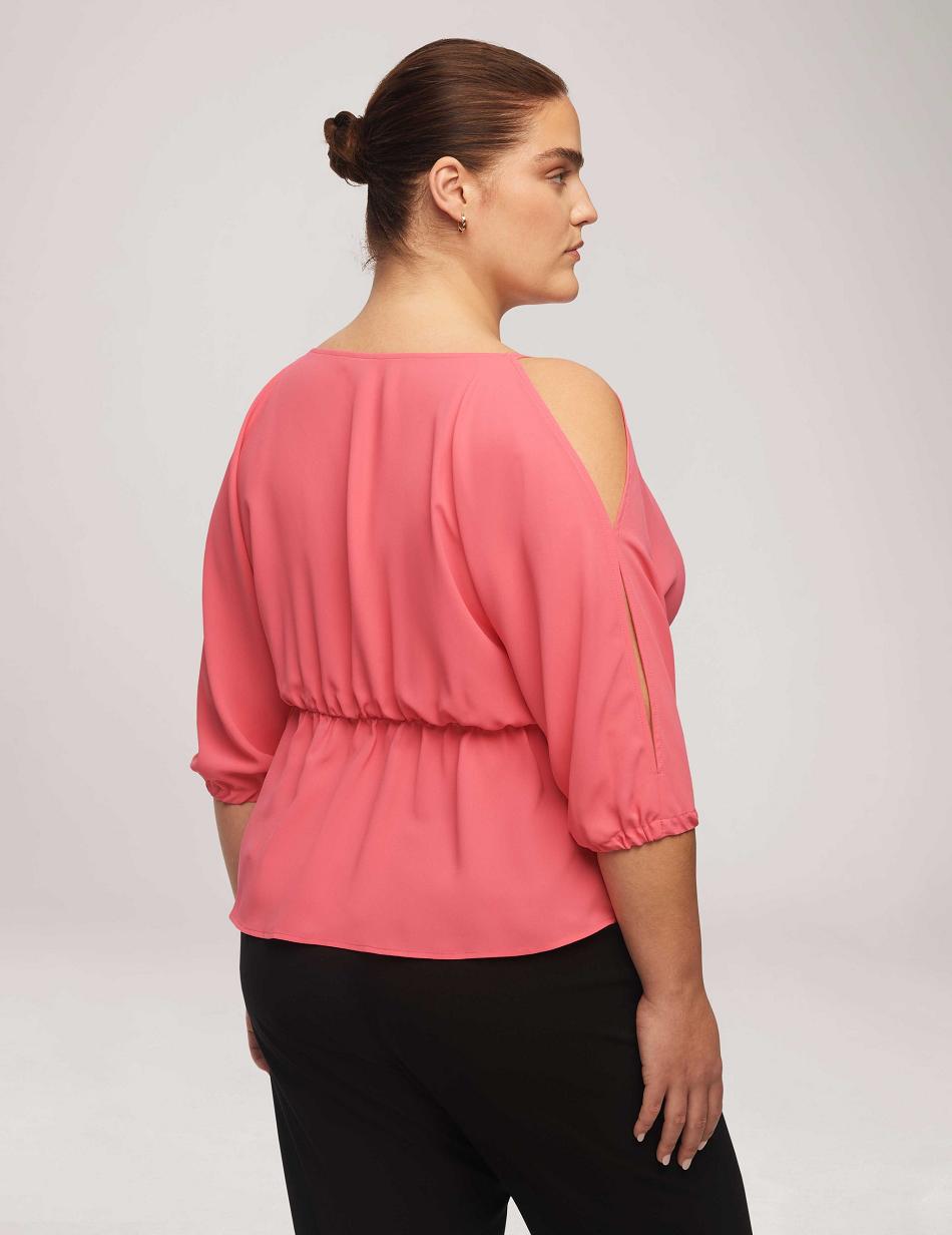 Pink Anne Klein Cold Shoulder Crossover Peplum Blouse Plus Size | TNZWZ88754