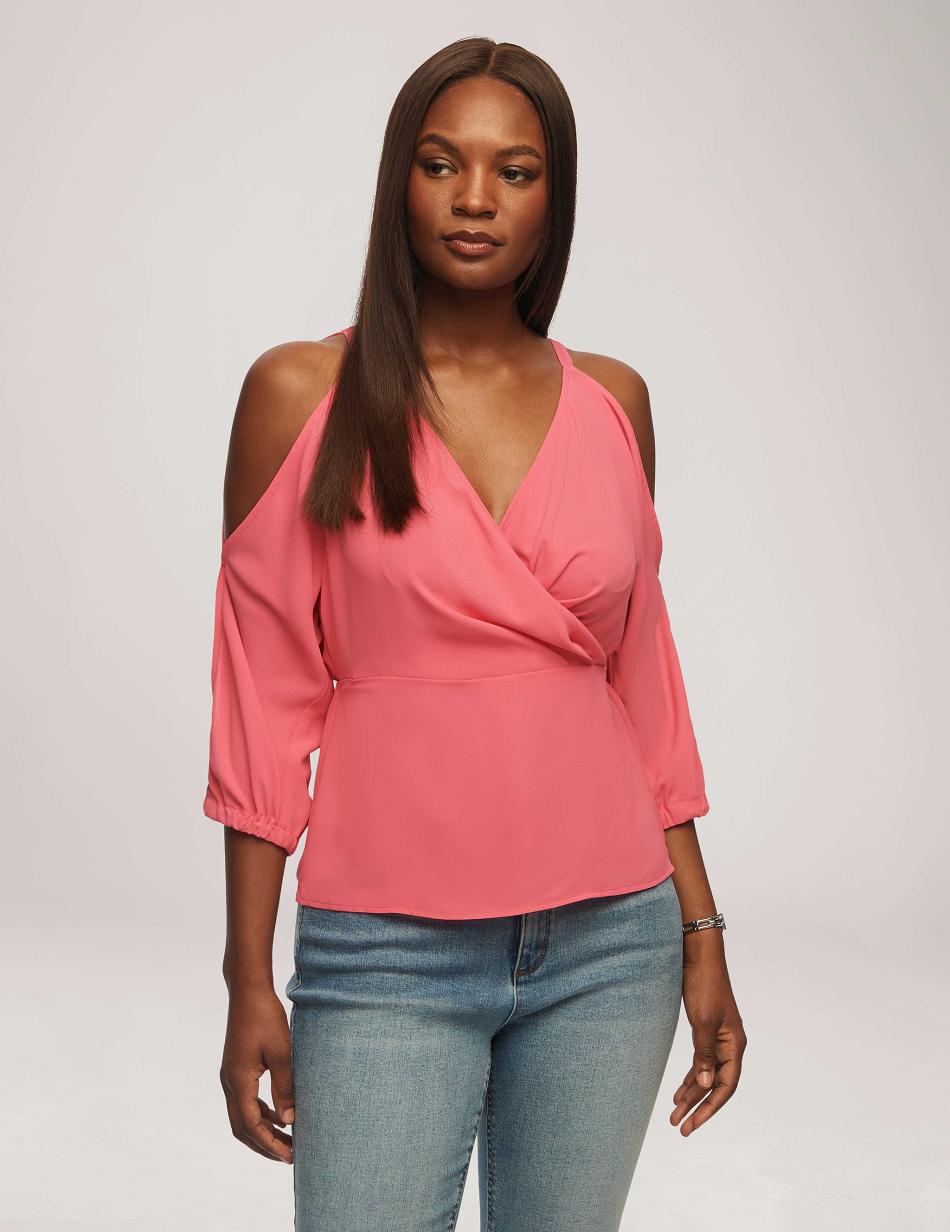 Pink Anne Klein Cold Shoulder Crossover Peplum Blouse Tops | YNZVQ17889