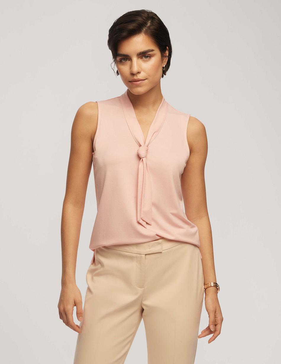 Pink Anne Klein Harmony Knit V-Neck Sleeveless Tie Blouse Tops | ENZHC27398