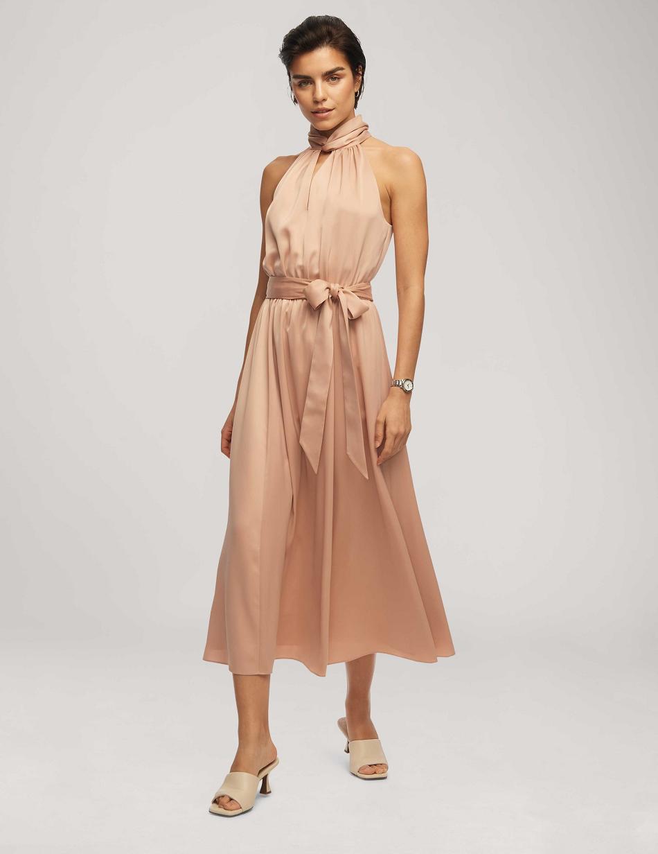 Pink Anne Klein Twist Neck Halter Midi With Sash Dress | NZNEJ87141