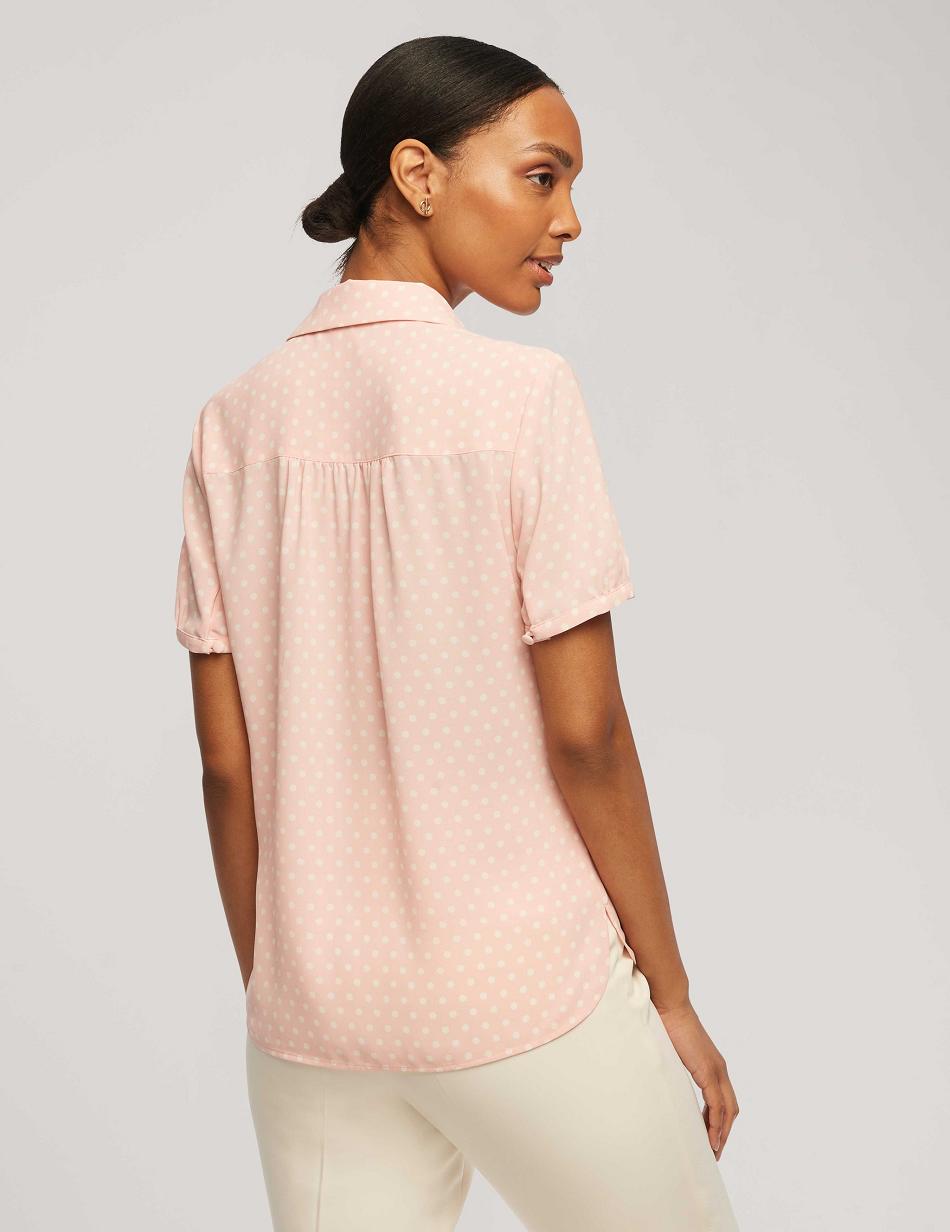 Pink / White Anne Klein Printed Short Sleeve Button-Up Blouse Tops | NZICD49758