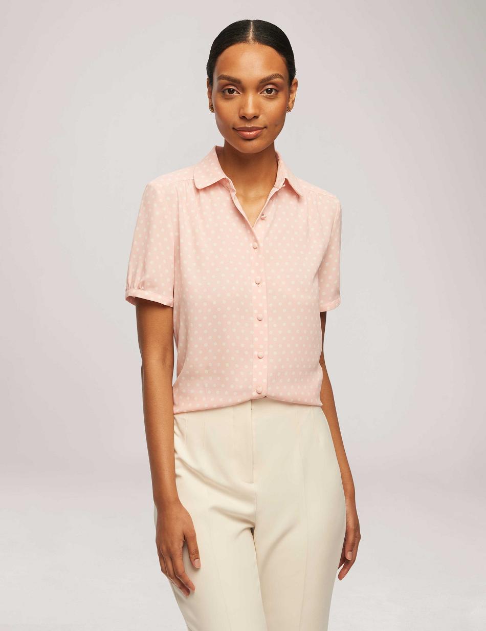 Pink / White Anne Klein Printed Short Sleeve Button-Up Blouse Tops | NZICD49758