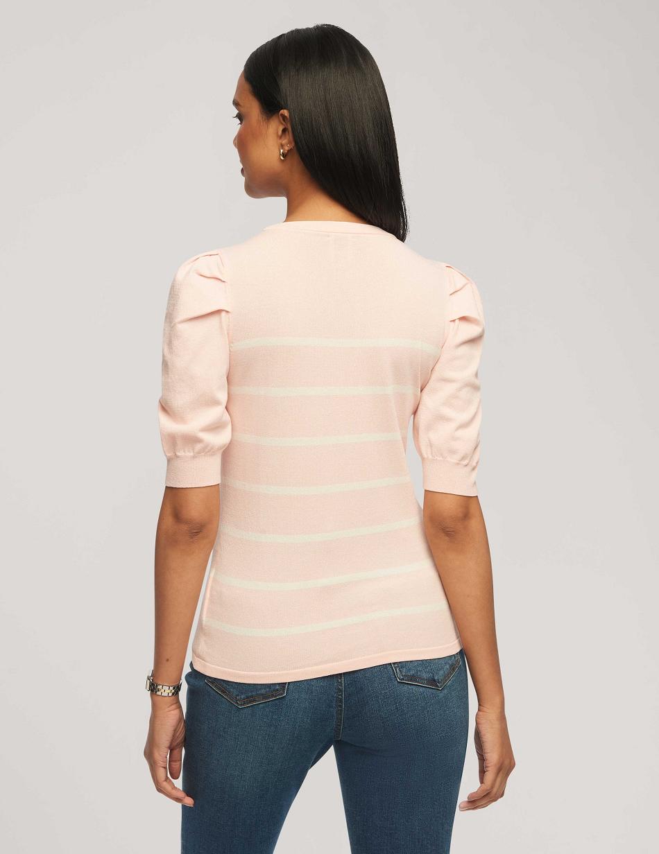 Pink / White Anne Klein Short Puff Sleeve Crew Neck With Stripes Tops | QNZUV95335