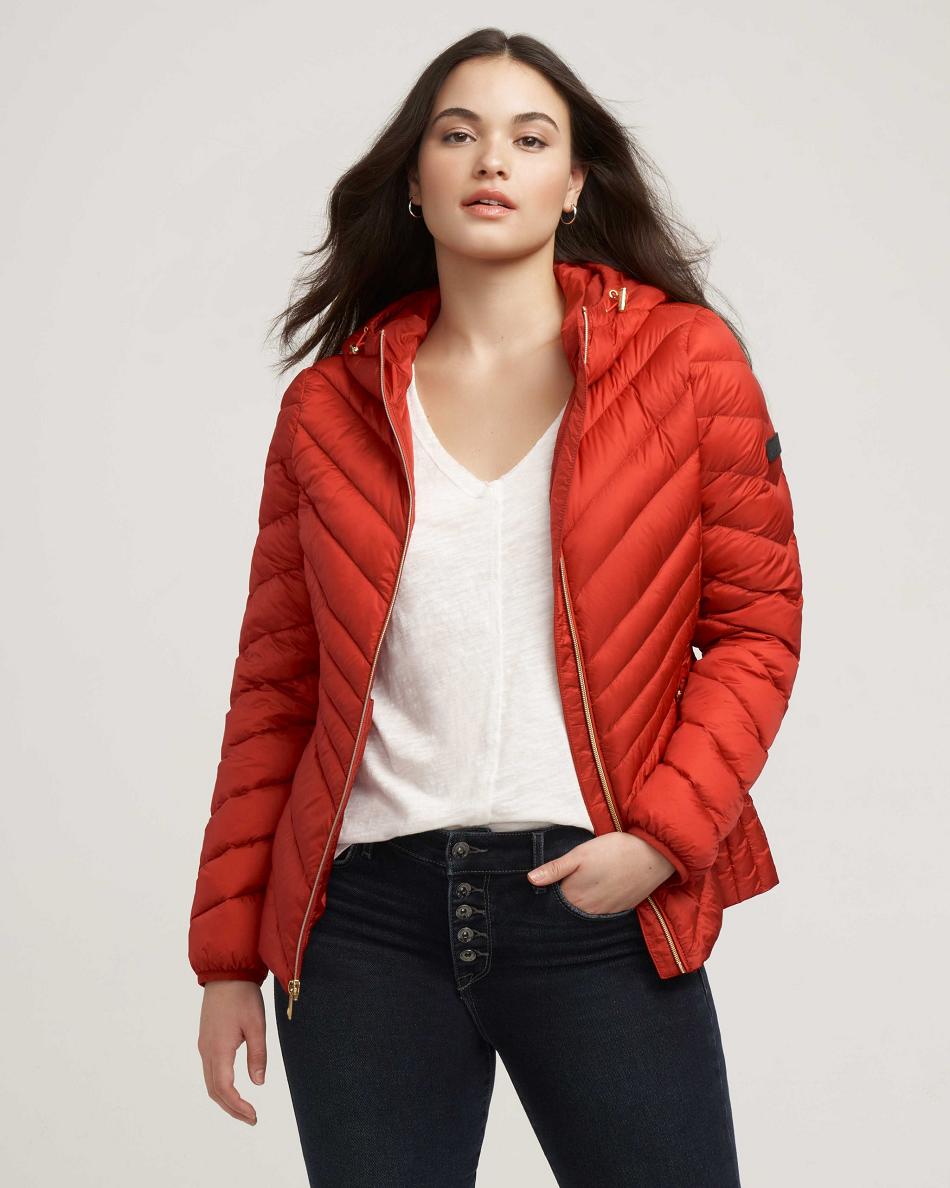 Red Anne Klein Chevron Packable Puffer Jacket Outerwear | DNZVO77064